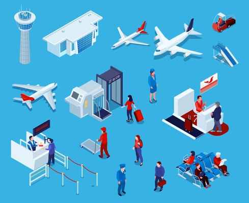 Airport isometric icons set of reception and passport check desk waiting hall control tower ladder isolated vector illustration