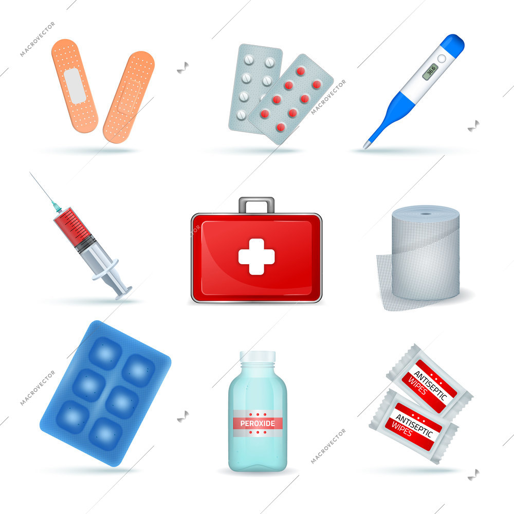 First aid kit supply emergency medical products realistic set with elastic bandage antiseptic wipes isolated vector illustraation