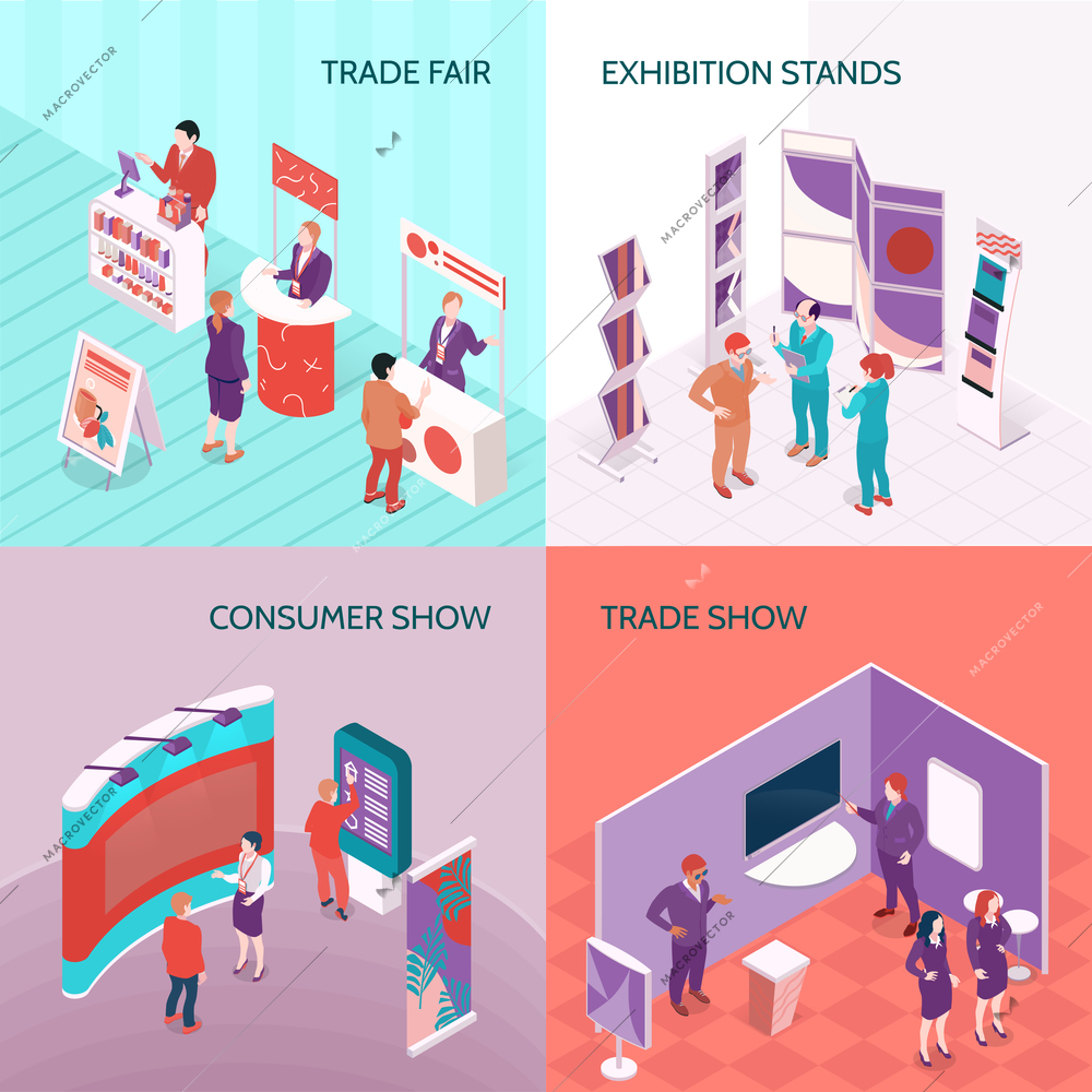 Exhibition stands used at trade fair and consumer show 2x2 design concept isometric vector illustration