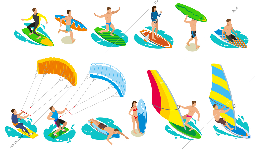 Surfing isometric icons with isolated images of surfers and various models and kinds of sail surfboard vector illustration