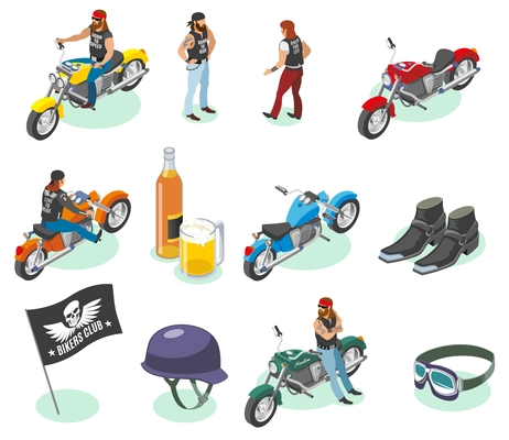 Bikers isometric icons collection of isolated human characters and images of motorcycles beer and fashion items vector illustration