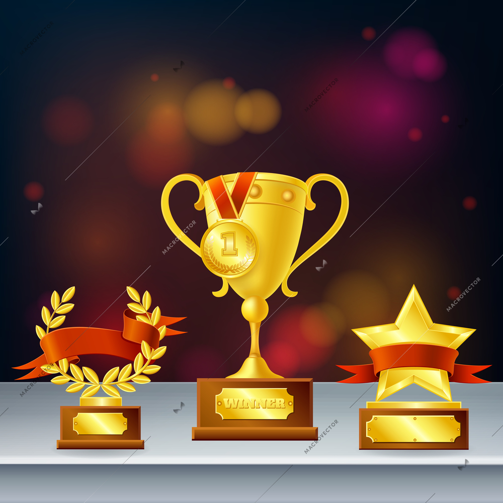 Awards realistic composition with trophies for winner, laurel wreath and star on dark blurred background vector illustration