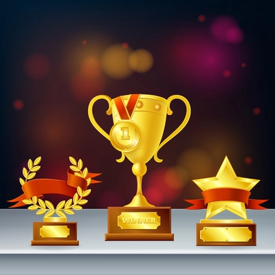 Awards realistic composition with trophies for winner, laurel wreath and star on dark blurred background vector illustration