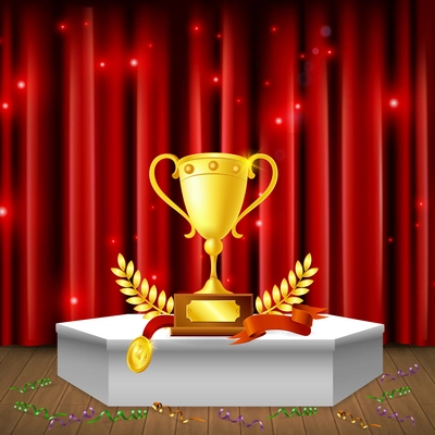 White pedestal with awards, streamers on floor, realistic composition on background of red sparkling curtain vector illustration