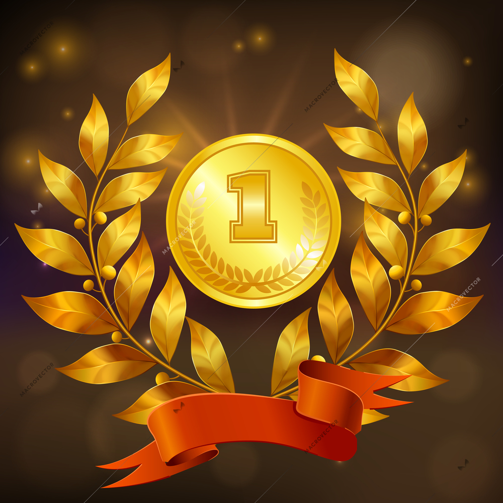 Golden medal with laurel wreath and red ribbon realistic composition on black sparkling background vector illustration