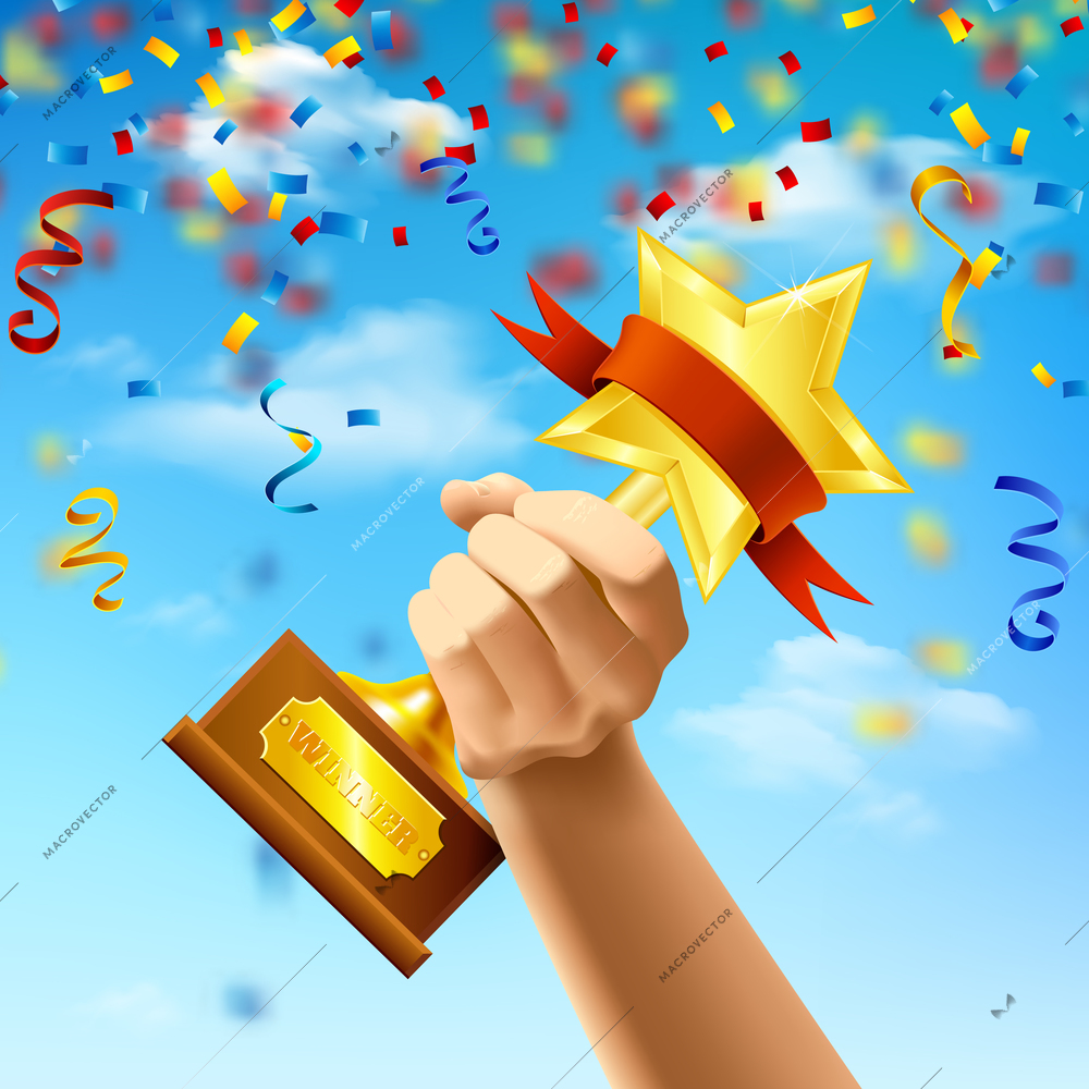 Hand holding award of winner on blue sky background with streamers and confetti realistic vector illustration