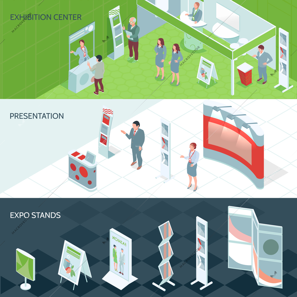 Exhibition center isometric banners with expo stands set and people who came on presentation vector illustration