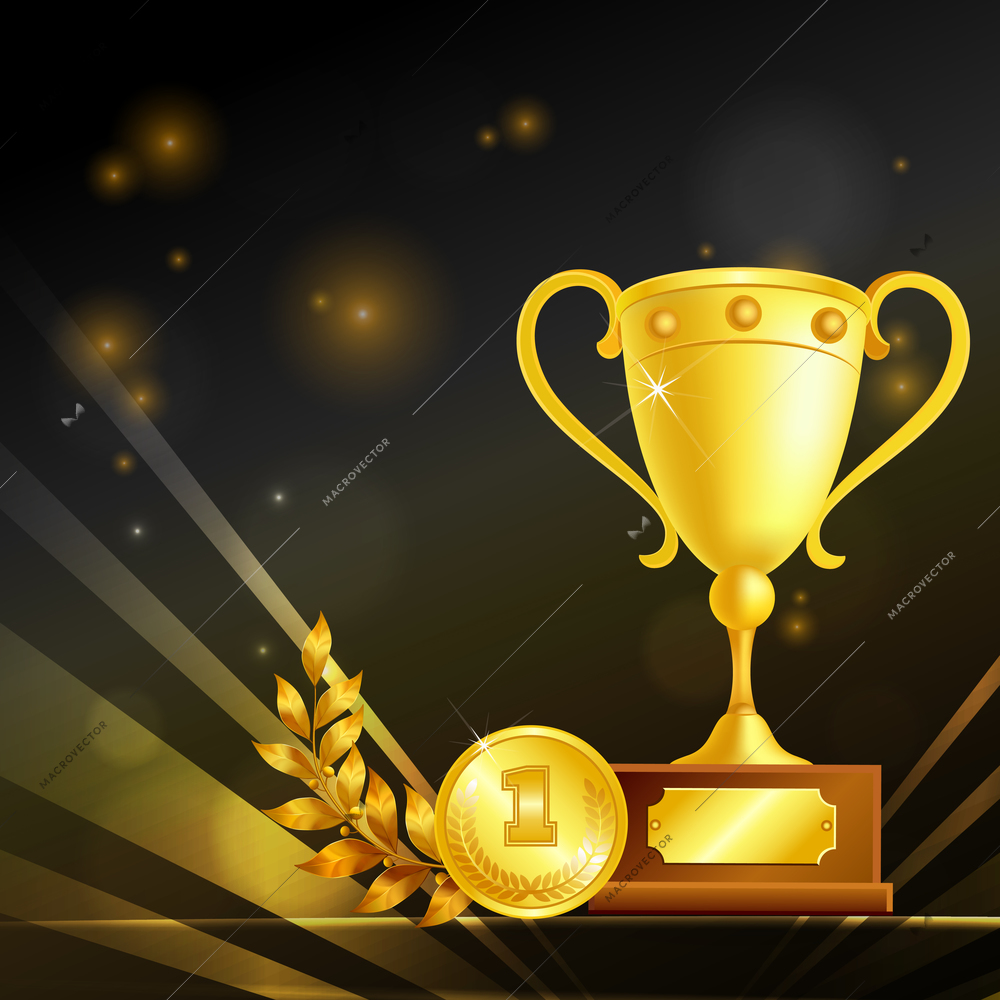 Realistic trophies of winner, golden goblet, medal and laurel branch, composition on black sparkling background vector illustration