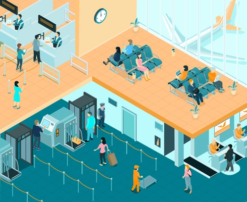 Airport indoor isometric background with passengers passing passport control and waiting for departure vector illustration