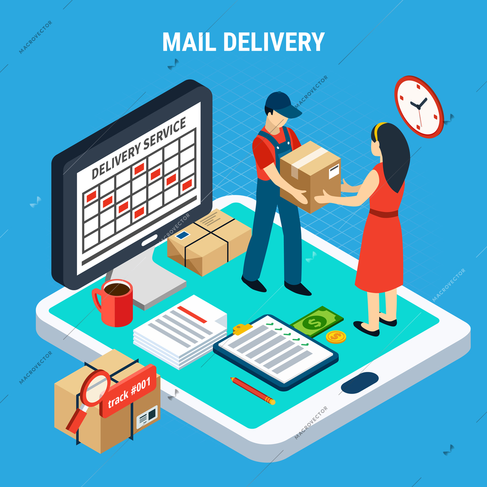 Mail isometric isolated composition situation with the transfer of parcel from courier to client vector illustration