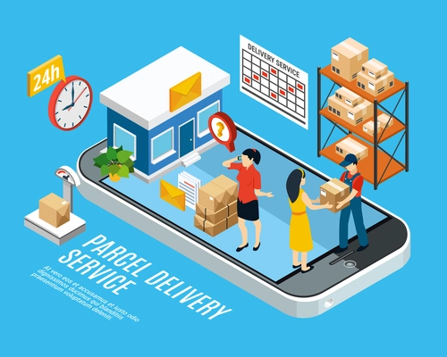 Mail isometric abstract composition with parcel delivery service headline smartphone and 3d elements vector illustration