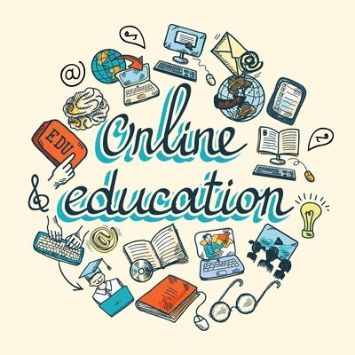 Online education e-learning science sketch concept with computer and studying icons vector illustration