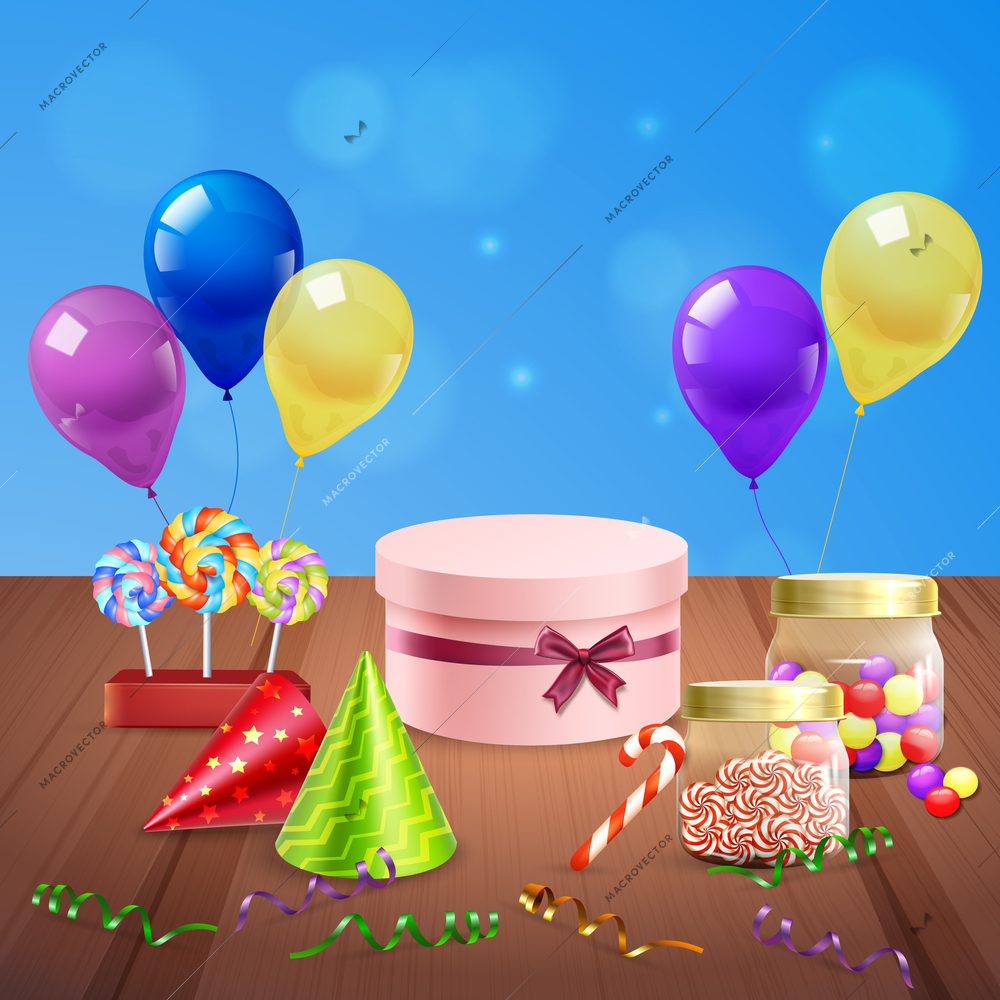 Holiday decorations, colorful candies, gift box on wooden table composition on blurred blue background vector illustration