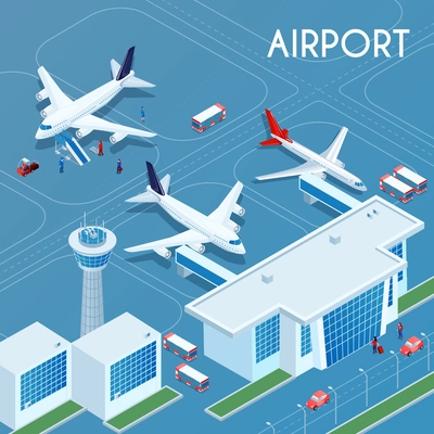 Airport outdoor blue background with technical transport and landing jet aircrafts on airfield isometric vector illustration