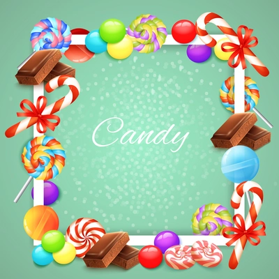 Candies white square frame with chocolate, lollipops, sweet canes with ribbons on pale green background vector illustration