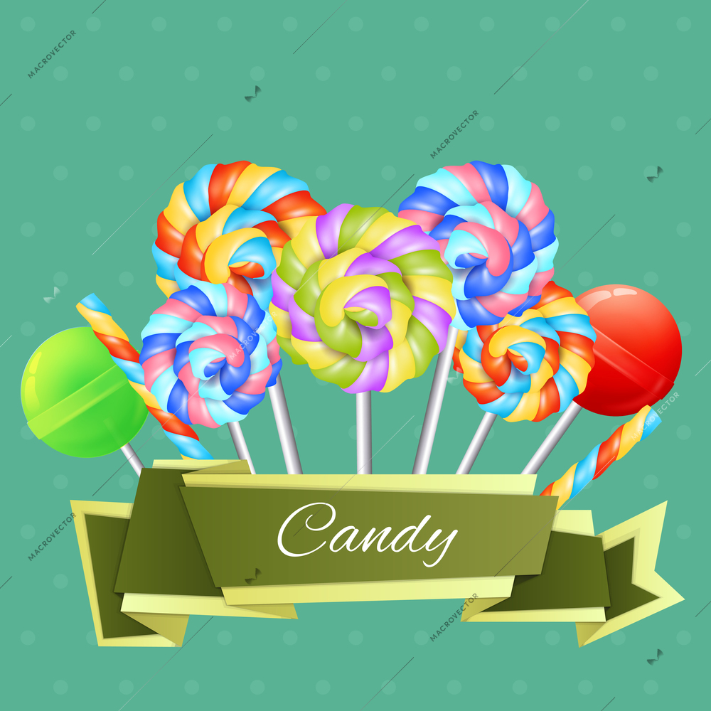 Colorful candies, striped lollipops and twisted sweet sticks with ribbon composition on green background vector illustration