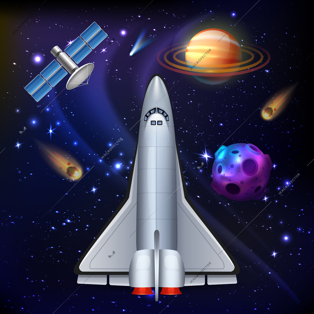 Cosmos realistic composition with images of space shuttle and artificial satellite on colourful galaxy sky background vector illustration