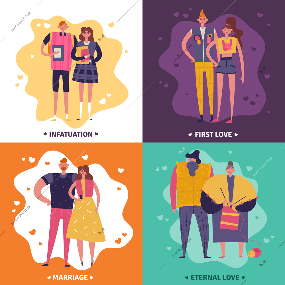 Life cycles of man and woman 2x2 design concept set of infatuation first love marriage and eternal love square icons flat vector illustration