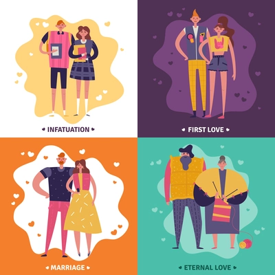 Life cycles of man and woman 2x2 design concept set of infatuation first love marriage and eternal love square icons flat vector illustration