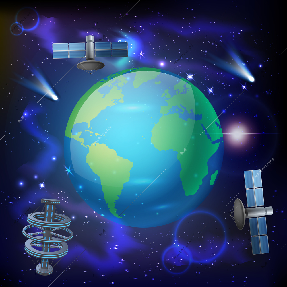 Cosmos realistic composition with view of earth planet surrounded by artificial satellites with starry sky background vector illustration