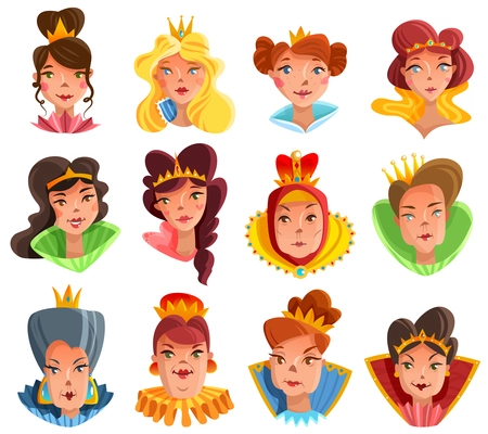 Princess and queen heads cartoon set with different crowns and hairdo isolated vector illustration