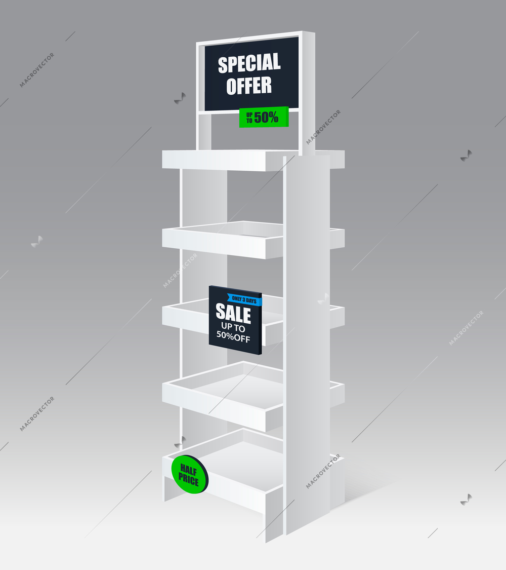 Sale promotion shelf blank empty realistic template with black green half price special offers advertising vector illustration