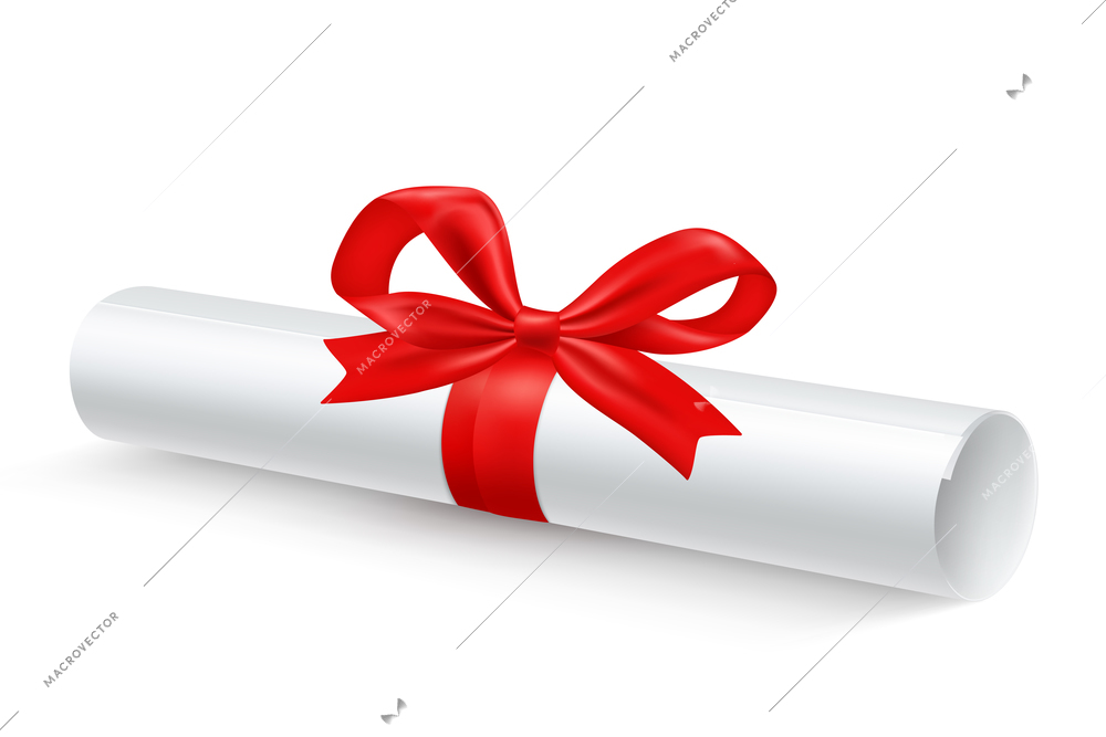 White glossy paper scroll roll tied with red ribbon bow realistic close-up image shadow vector illustration