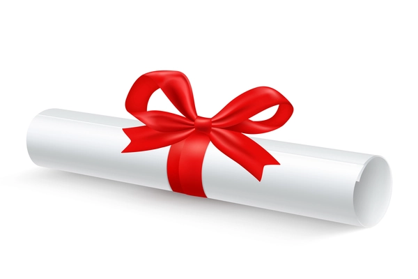 White glossy paper scroll roll tied with red ribbon bow realistic close-up image shadow vector illustration