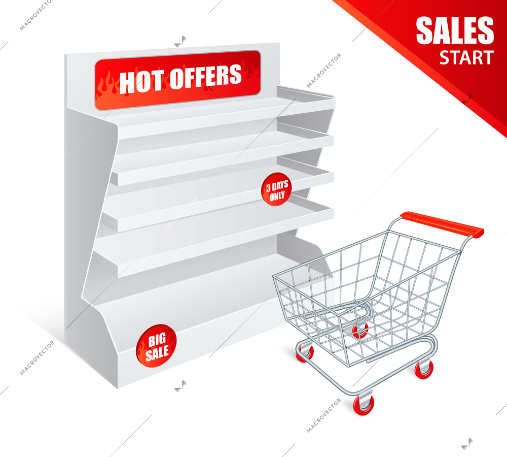 Sale promotion shelf blank empty realistic template with shopping cart and red hot offers advertising vector illustration