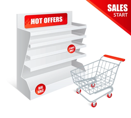 Sale promotion shelf blank empty realistic template with shopping cart and red hot offers advertising vector illustration