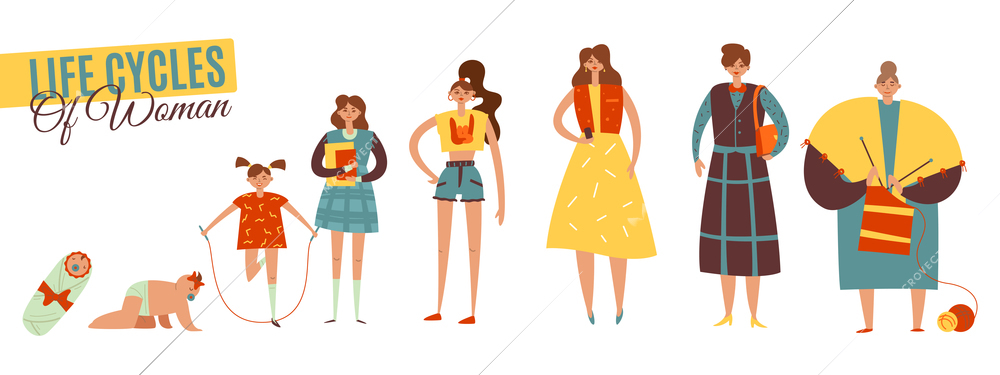 Life cycles of woman flat decorative icons set of all age categories from infancy to maturity isolated vector illustration