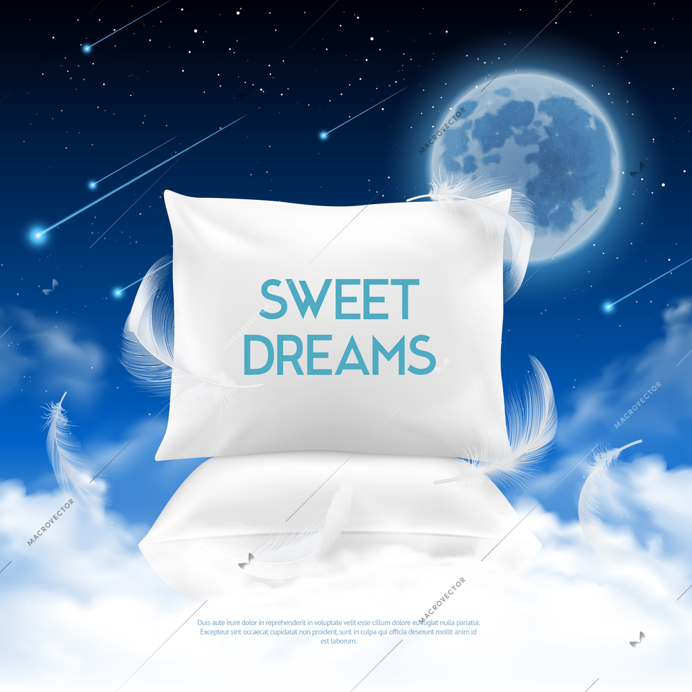 Better night sleep cushions realistic promotion poster with feather light pillow sweet dreams against dark sky vector illustration