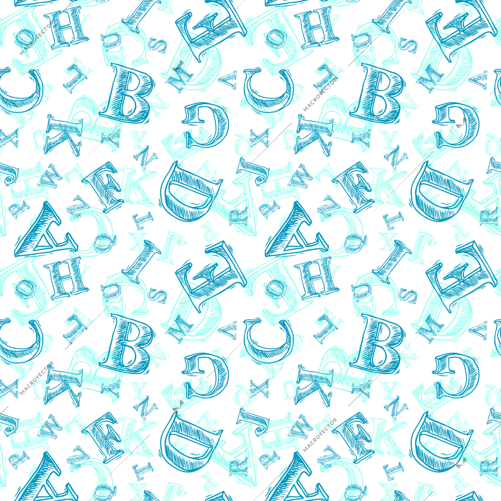 Sketch hand drawn alphabet blue pen font letters seamless pattern vector illustration