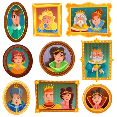 Cartoon collection of princesses and queens portraits in vintage frames on white wall isolated vector illustration