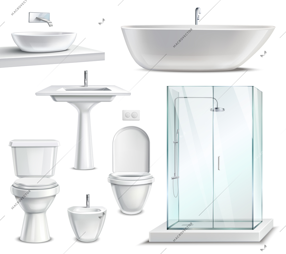 Bathroom objects set realistic 3d collection of isolated lavatory bathing room elements and sanitary fixture images vector illustration