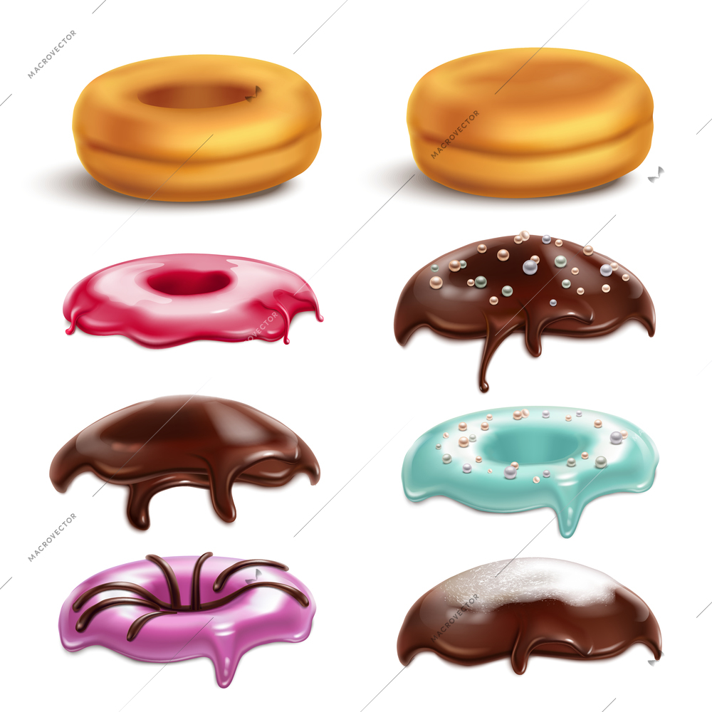 Cookies biscuits cupcakes donuts realistic 3d collection with isolated images of colourful donut toppings on blank background vector illustration