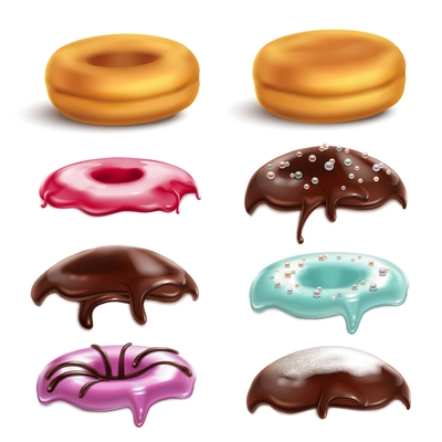 Cookies biscuits cupcakes donuts realistic 3d collection with isolated images of colourful donut toppings on blank background vector illustration