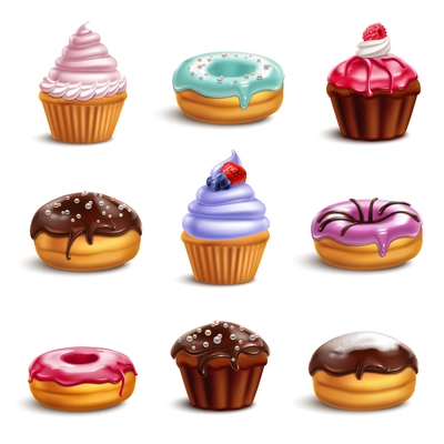 Cookies biscuits cupcakes donuts realistic 3d collection with isolated icons of colourful confectionery products with shadows vector illustration