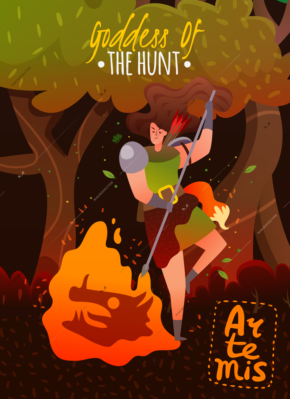 Greece mythology cartoon poster with ancient goddess of hunt artemis keeping fire flat vector illustration
