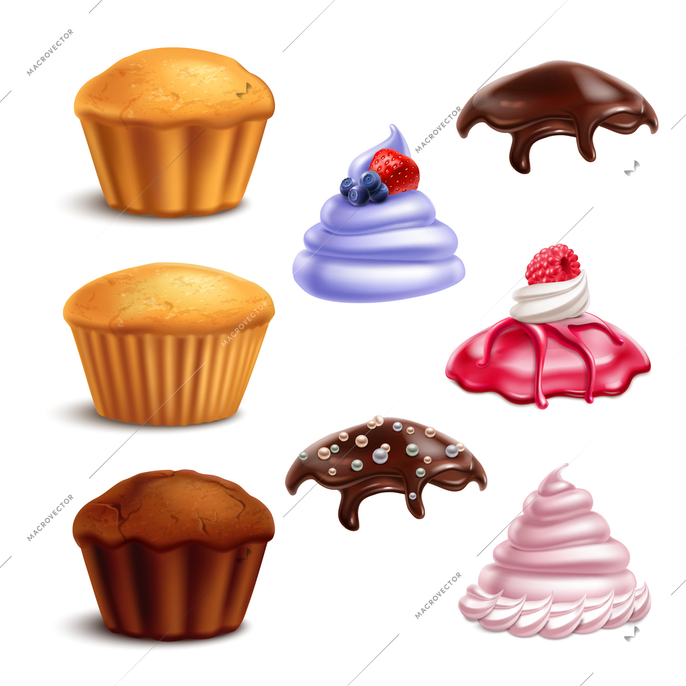 Set of isolated cookies biscuits cupcakes maker constructor realistic 3d elements with images of topping and base vector illustration