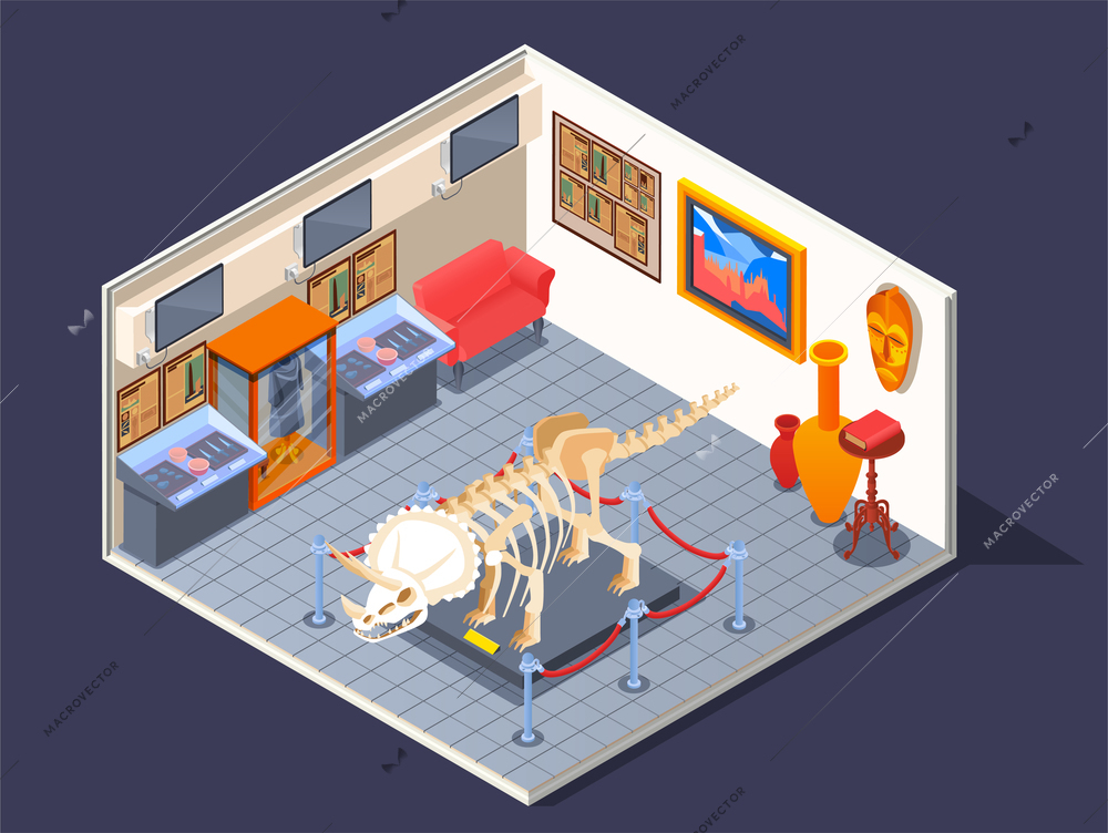 Museum isometric composition with room interior and dinosaur skeleton model with rare collections and antique showpieces vector illustration