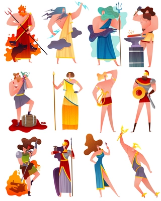 Mythology cartoon set of famous ancient greece gods and goddess so as apollo poseidon artemis athena demeter jupiter flat vector illustration