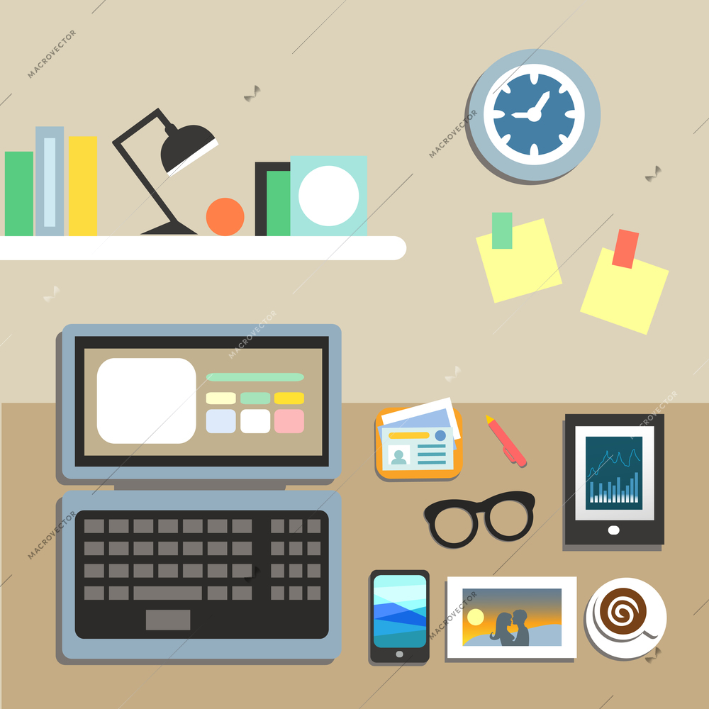 Set of office workplace items on the table vector illustration