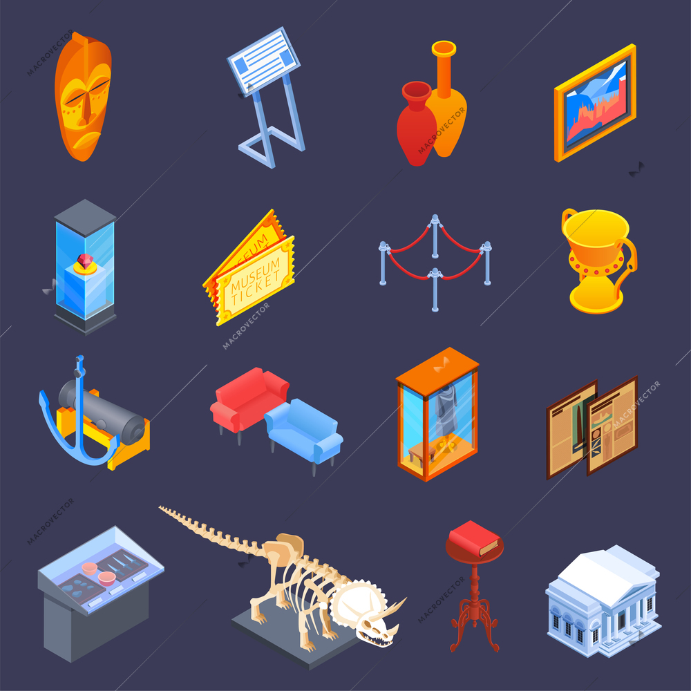 Museum isometric icons collection of sixteen isolated images with showpieces collection items tickets and historic building vector illustration