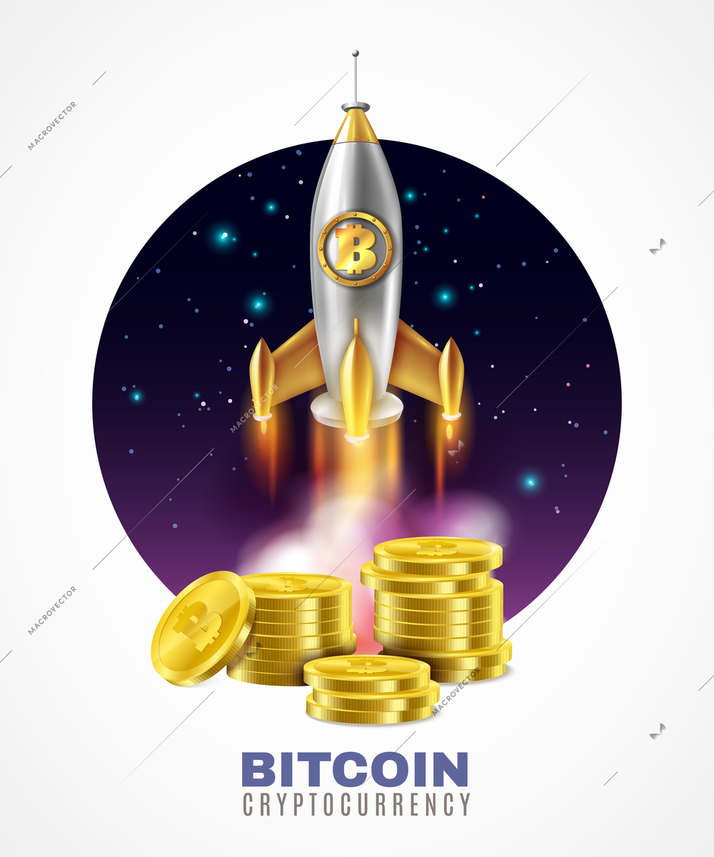 Crypto currency start up, stacks of golden coins with bitcoin sign and rocket launch 3d vector illustration