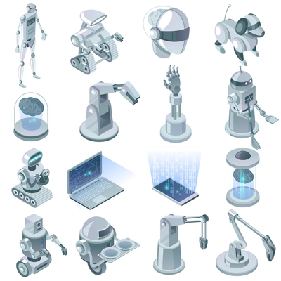 Artificial intelligence isometric set with signs of domestic robots and devices for virtual reality technology isolated vector illustration