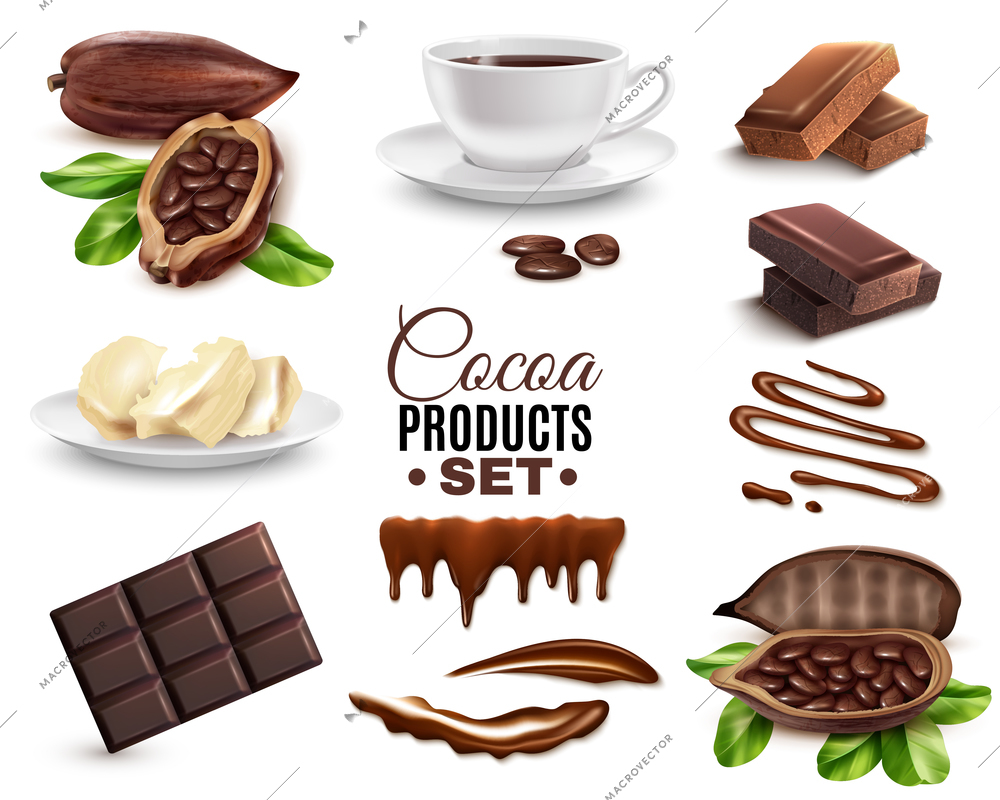 Set of realistic cocoa products including dried beans, drink, cacao butter, chocolate bar isolated vector illustration