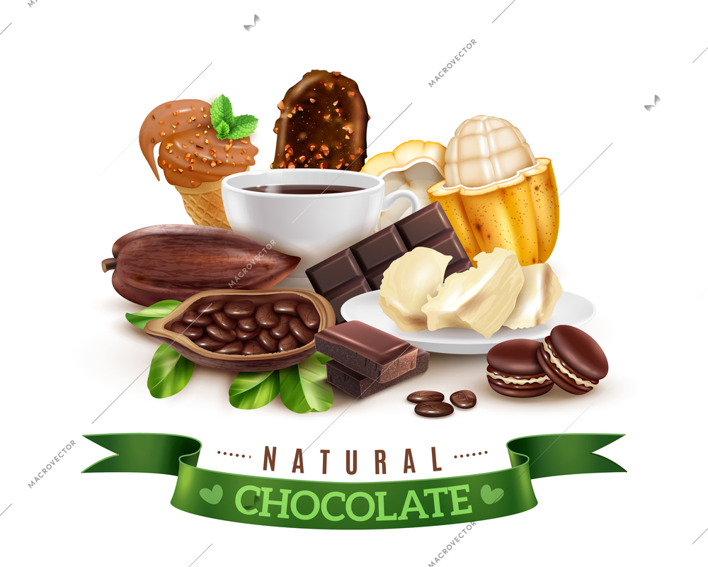 Realistic cocoa products composition with fresh and dried pods, cacao butter, hot drink, chocolate desserts vector illustration