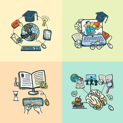 Online education e-learning science sketch icons set isolated vector illustration