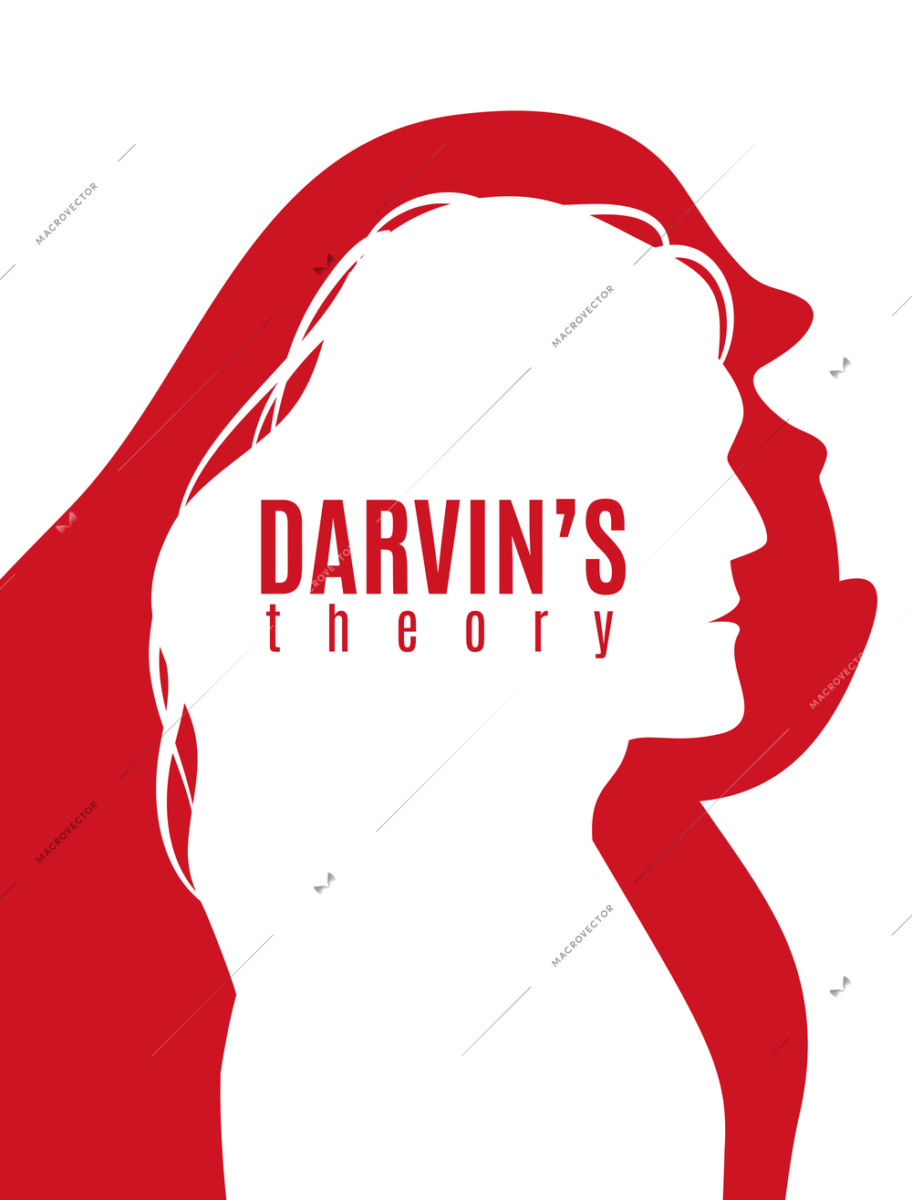 Darwin theory red white poster with profile silhouettes of primate and modern man vector illustration